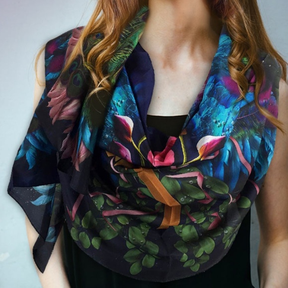 Peacock Feathers, Pink Rose & Wings Long Pure Silk Scarf - Picture 8 of 17